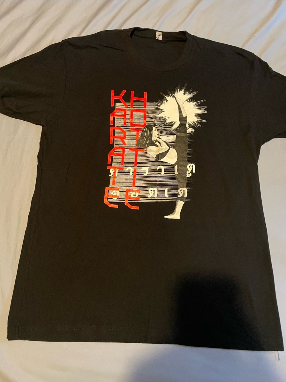Next Level Apparel Black Graphic Tee with Red and White Print